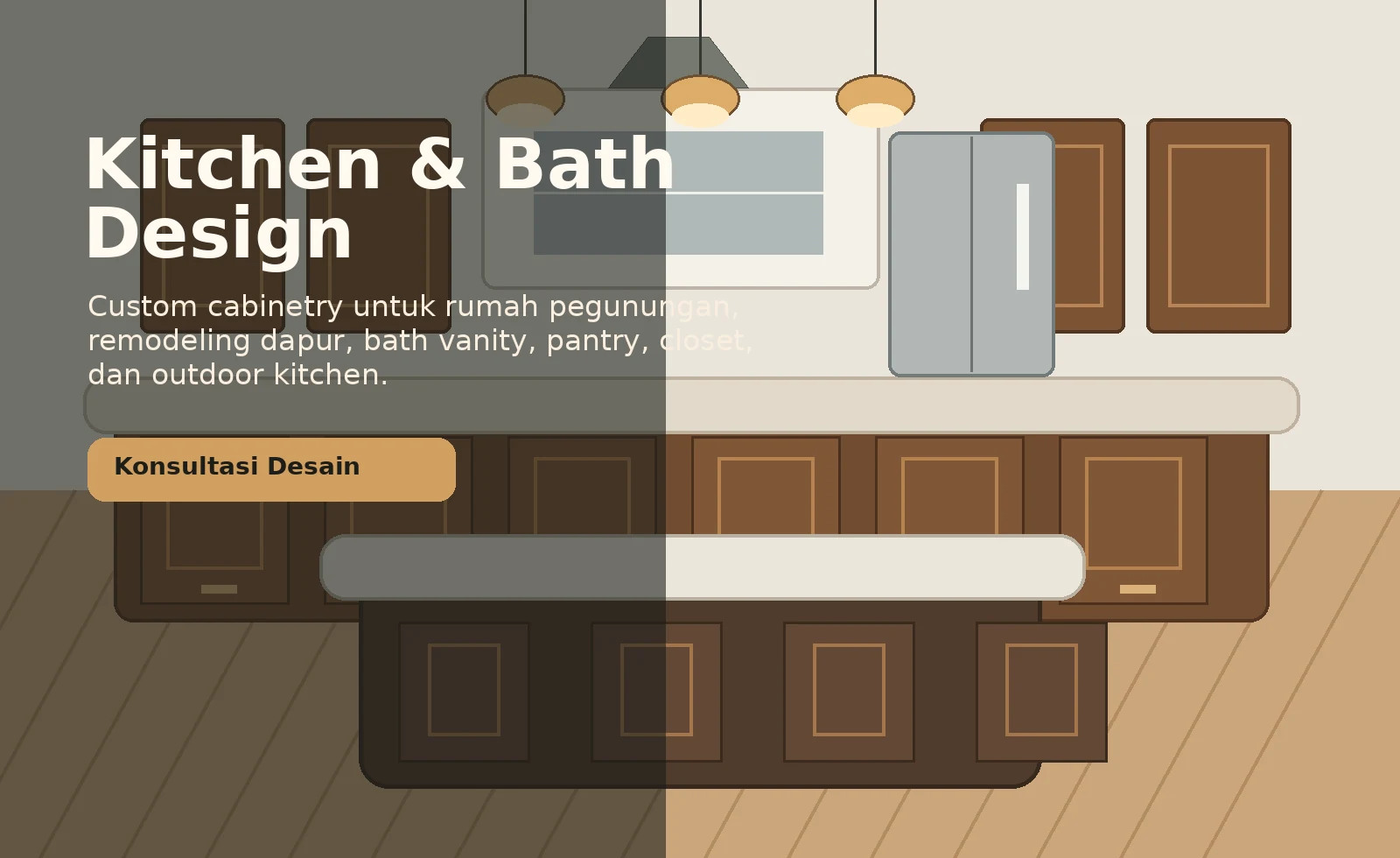 Ilustrasi desain dapur custom cabinetry untuk Kitchenscapes Inc